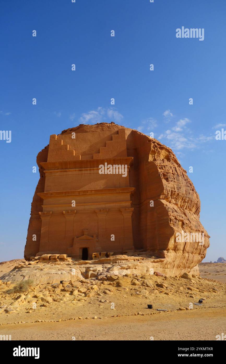 Ancient Nabatean Tomb of Qasir AlFarid (Tomb of Lihyan son of Kuza), Hegra Archaeological Site (al-Hijr / Madā ͐ in Ṣāliḥ), in the desert near Al Ula, Stock Photo