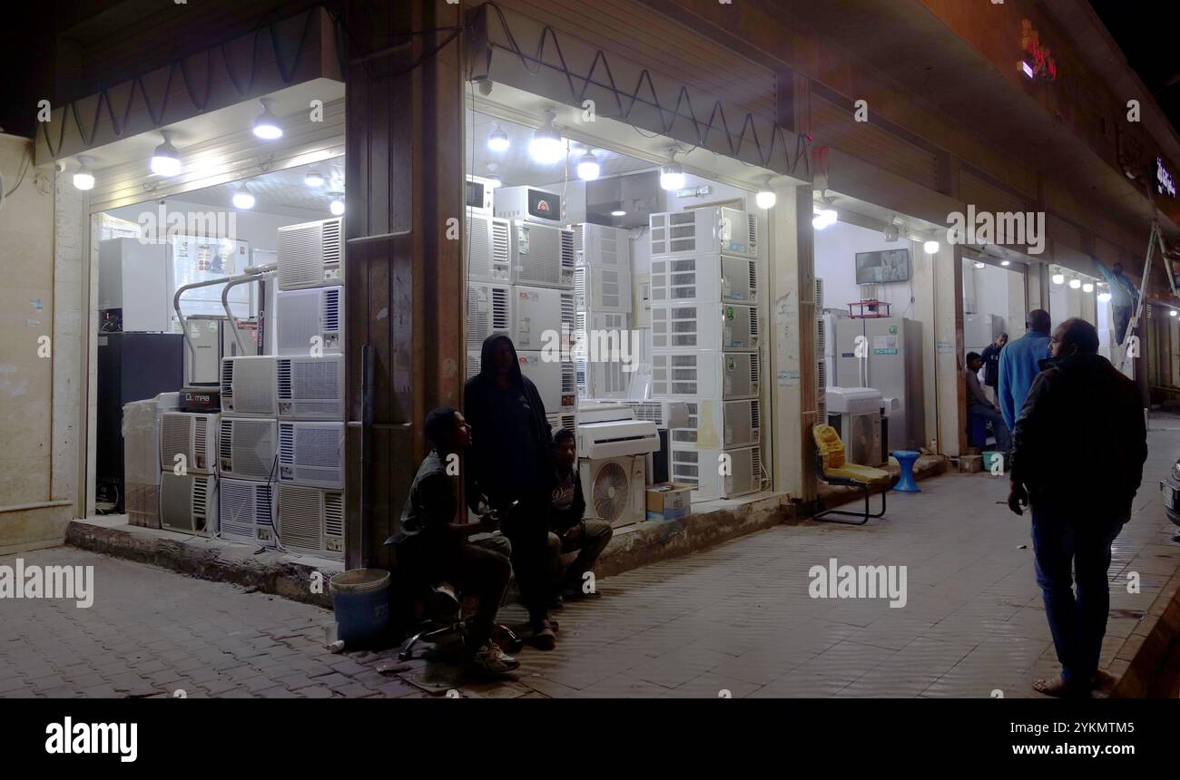 Airconditioner shop at night, Tabuk, Saudi Arabia. No MR or PR Stock Photo