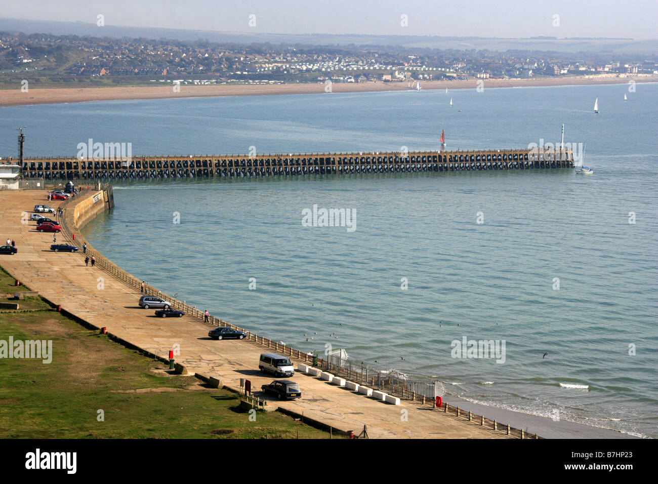 Newhaven Harbour from Castle Hill Chalk Cliffs, Newhaven, East Sussex, UK Stock Photo