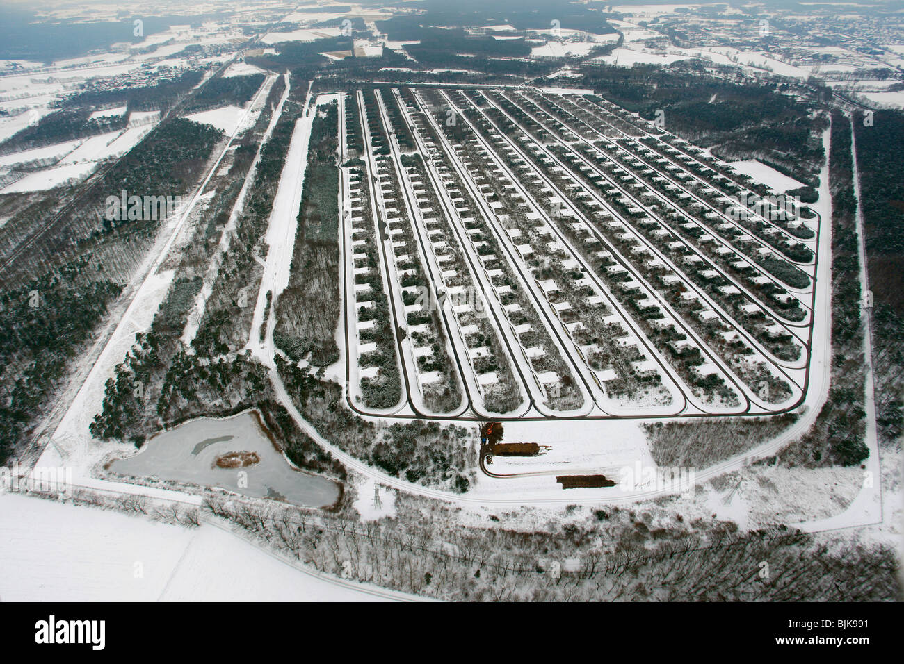 Aerial view, snow, MUNA ammunition depot Wulfen, Wenge, Dorsten, Ruhrgebiet area, North Rhine-Westphalia, Germany, Europe Stock Photo