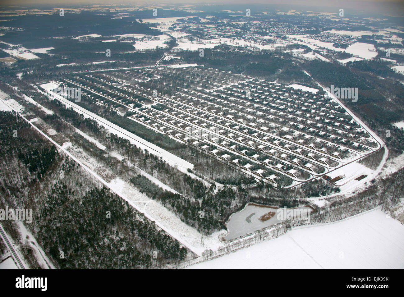 Aerial view, snow, MUNA ammunition depot Wulfen, Wenge, Dorsten, Ruhrgebiet area, North Rhine-Westphalia, Germany, Europe Stock Photo