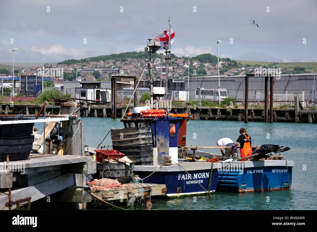 Fishing boats in harbour, West Quay, Newhaven, Lewes District, East Sussex, England, United Kingdom Stock Photo