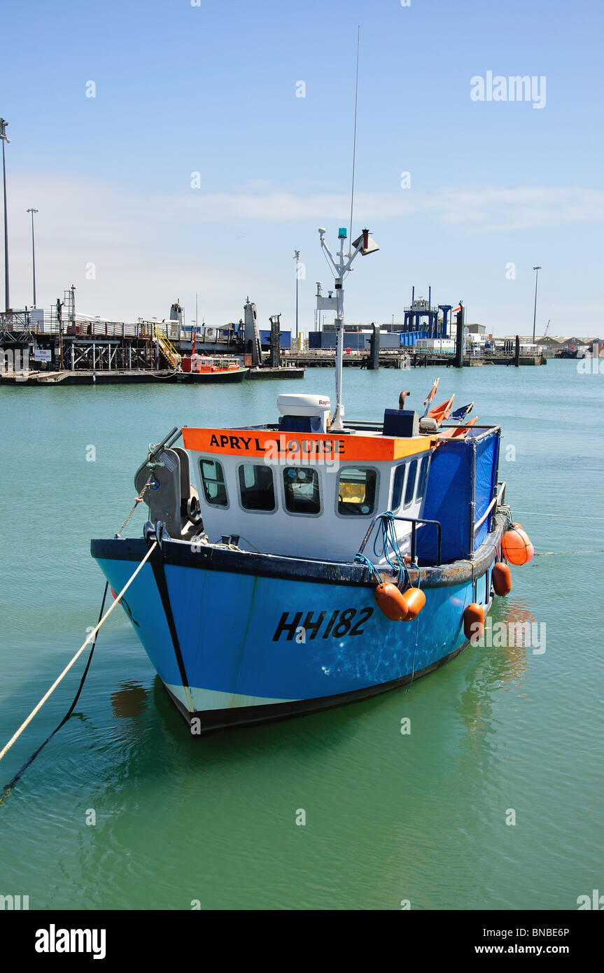 Fishing boat in harbour, West Quay, Newhaven, Lewes District, East Sussex, England, United Kingdom Stock Photo