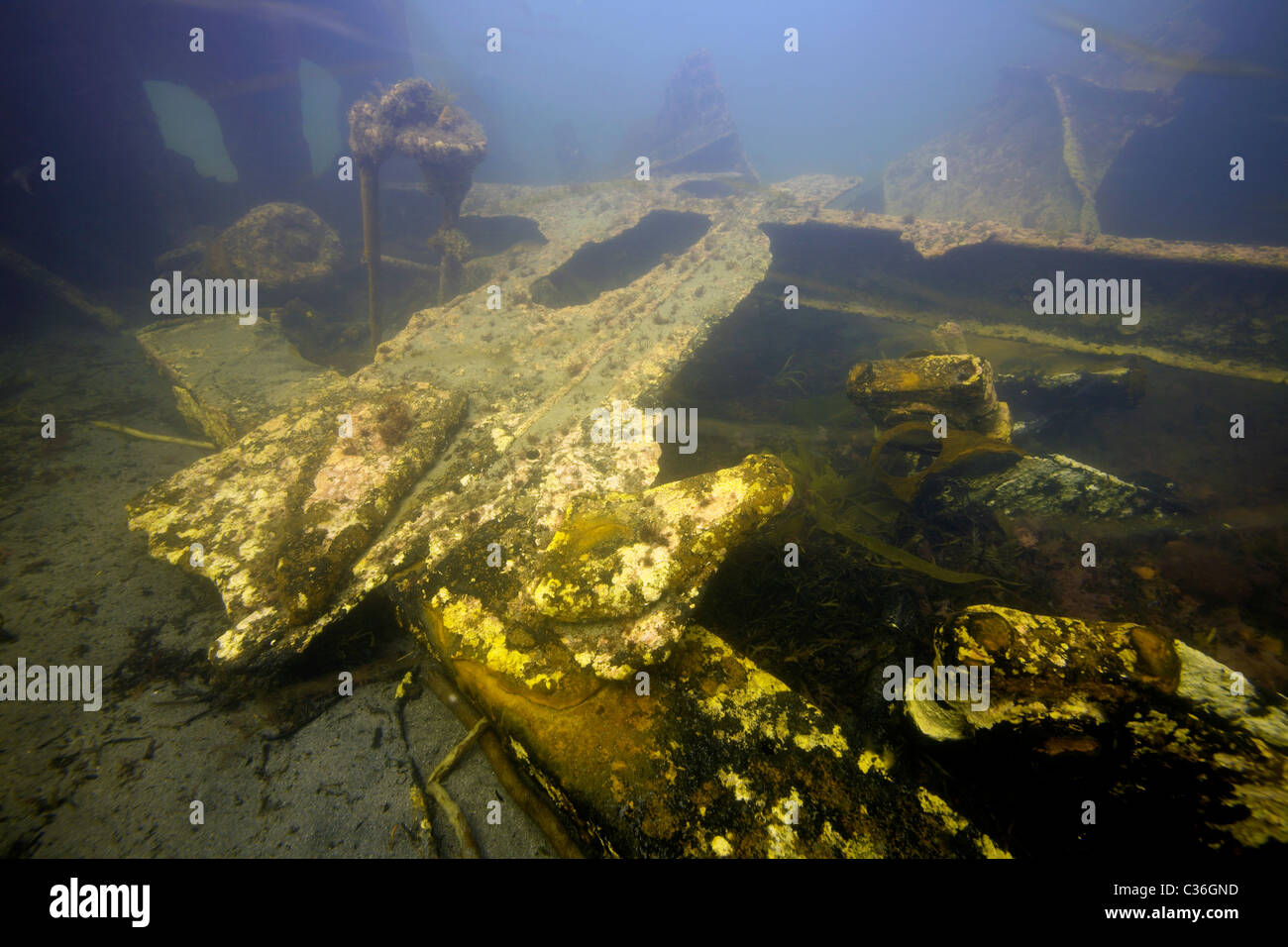 Collapsed deck supports of the Ilsenstein, one of the blockships on the seabed at Churchill Barrier No.2, Scapa Flow, Orkney Stock Photo