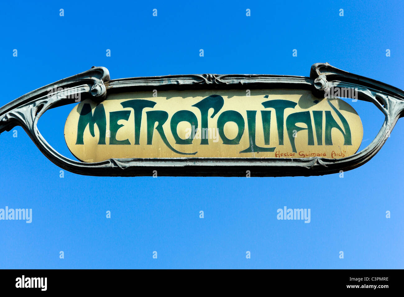 Paris Metro sign. Hector Guimard entrance to the Anvers Metro station, Montmartre, Paris, France Stock Photo