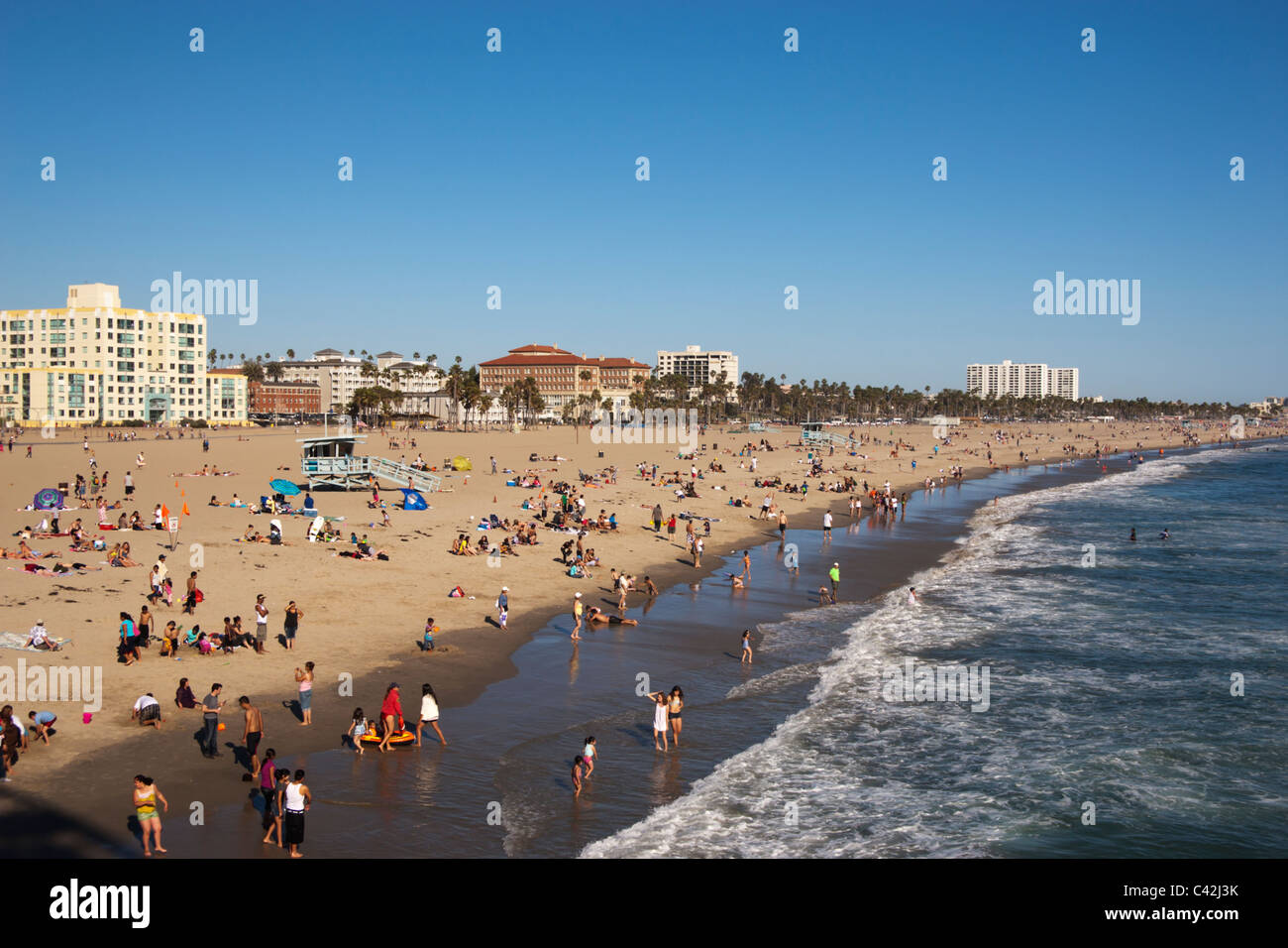 Santa Monica, California Crowded Santa Monica beach seen from the pier, Santa Monica, California, USA. Stock Photo