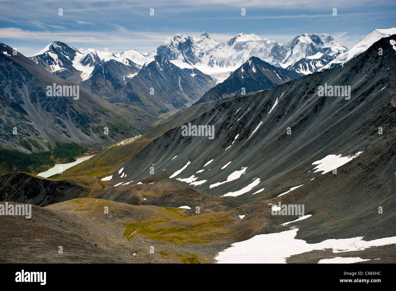 The trail from Mt. Belukha to Lake Kucherla, Mtn. Belukha Park, Altai Republic, Siberia, Russia Stock Photo