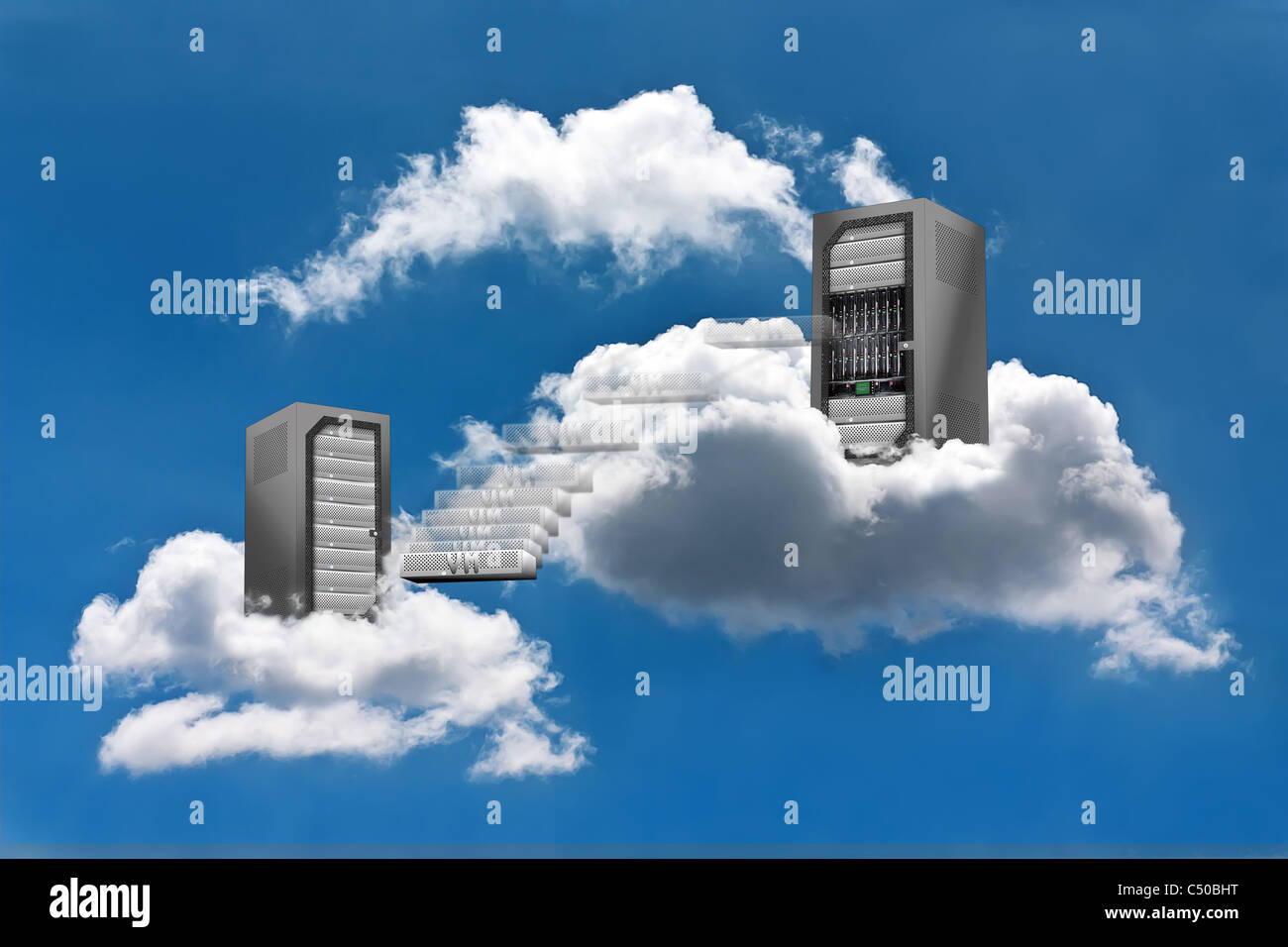 A Virtual Machine moves from a cloud Server Rack to the other Stock Photo