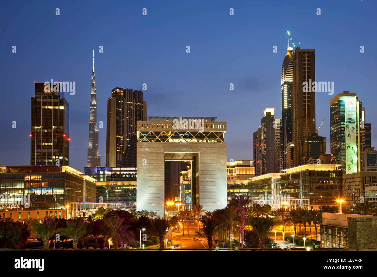 Asia, Arabia, Dubai Emirate, Dubai, Gate Building and Financial District at Dusk Stock Photo