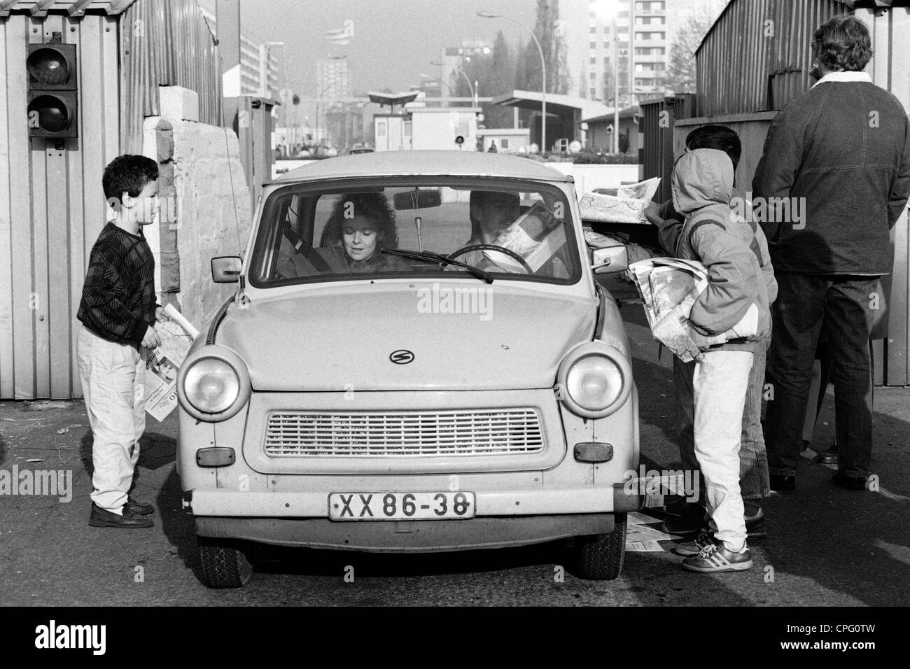 A Trabant crossing the checkpoint on Heinrich-Heine street, Berlin, Germany Stock Photo