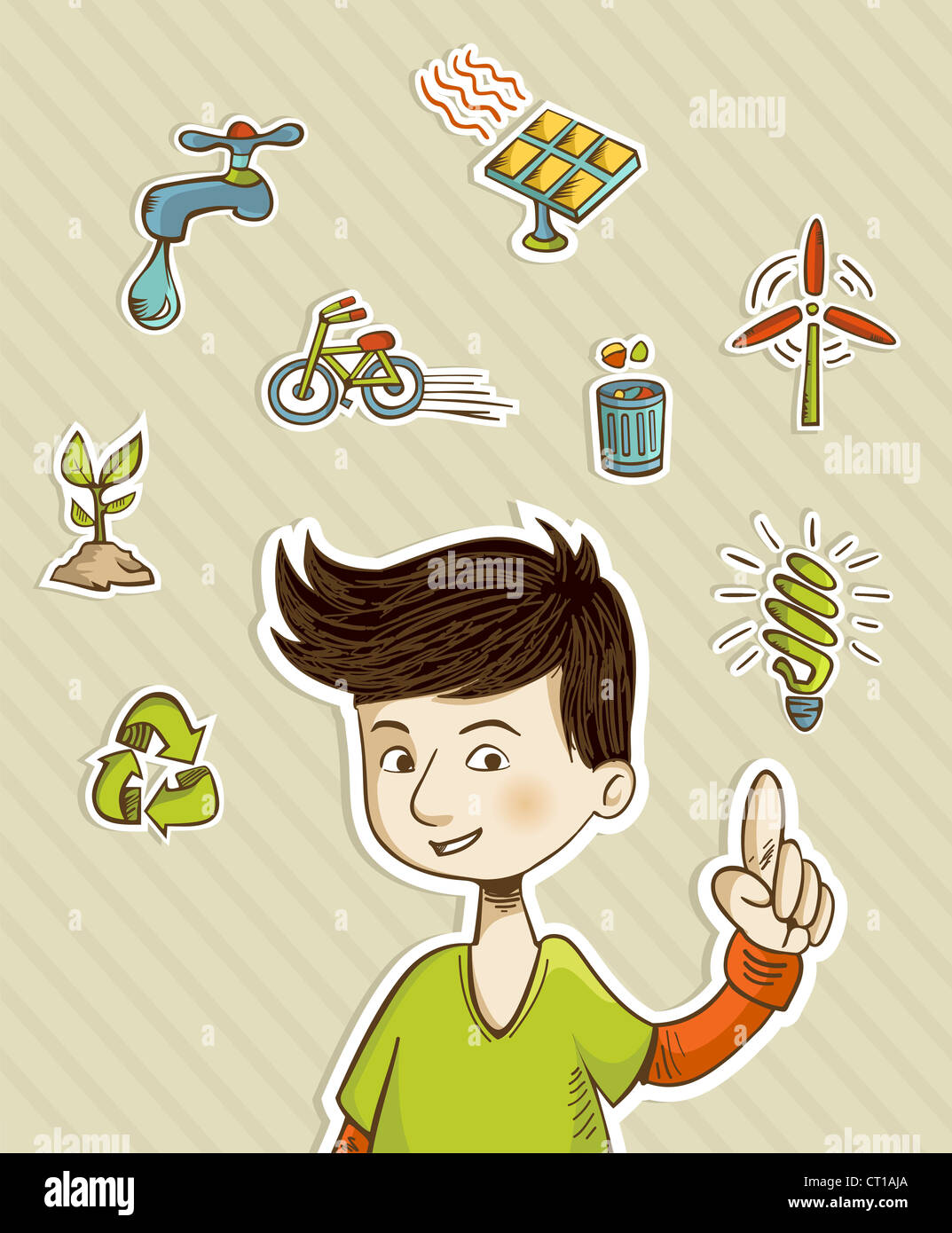 Teenager presents green actions with retro cartoon style icon set. Stock Photo