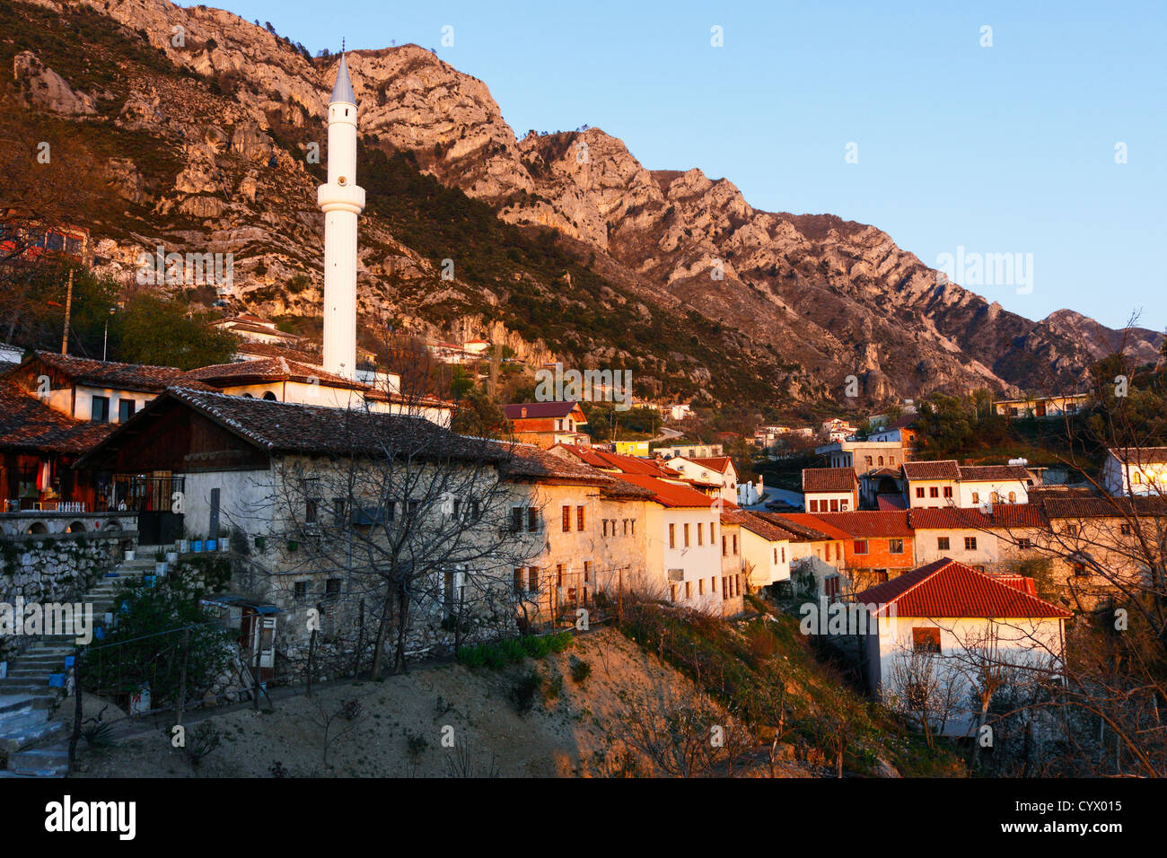 Kruja old town, bazaar and minaret. Albania Stock Photo