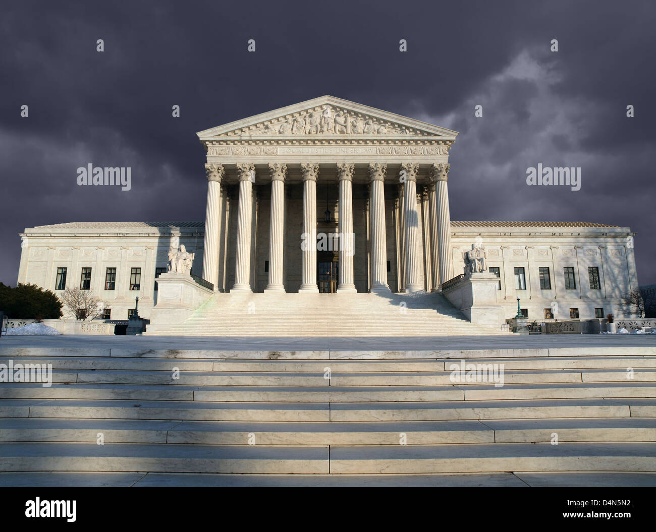 Dark forbidding troubled storm sky over the United States Supreme Court building in Washington DC. Stock Photo