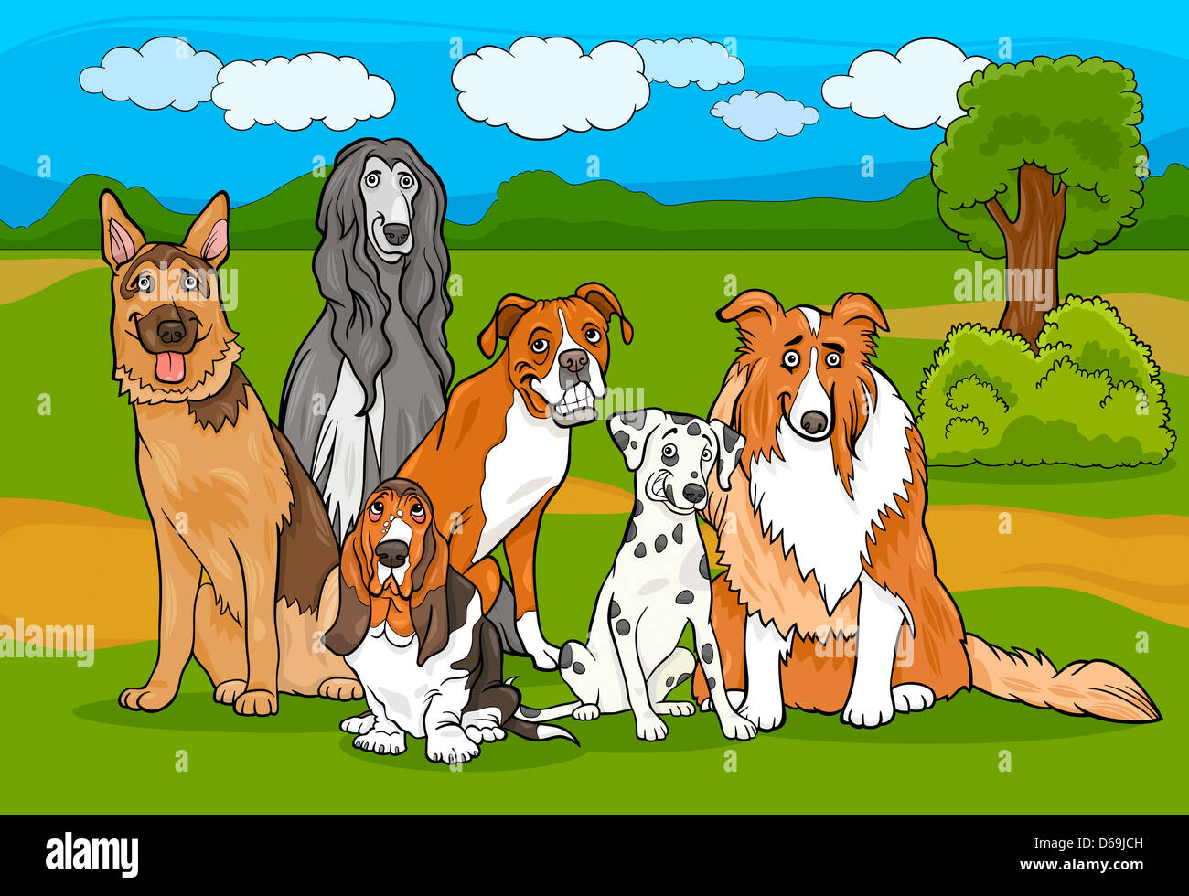 Cartoon Illustration of Cute Purebred Dogs or Puppies Group against Rural Landscape or Park Scene Stock Photo