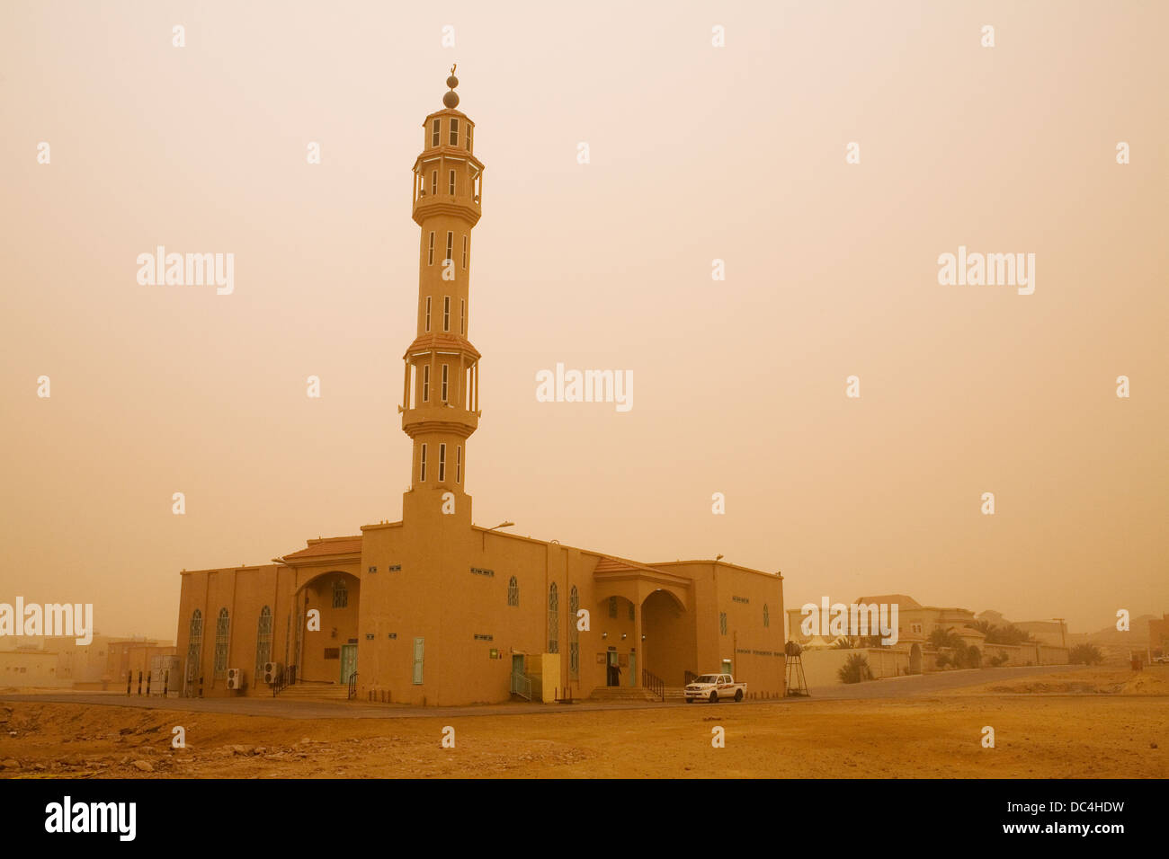 A mosque in a sandstorm in the town of Sakaka, Saudi Arabia. Stock Photo