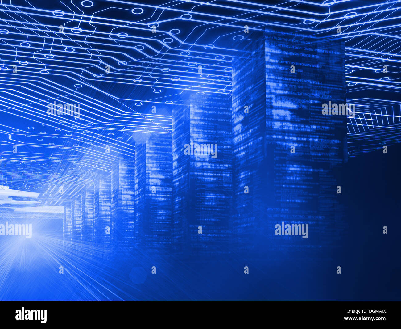 Digitally generated room of circuit boards Stock Photo