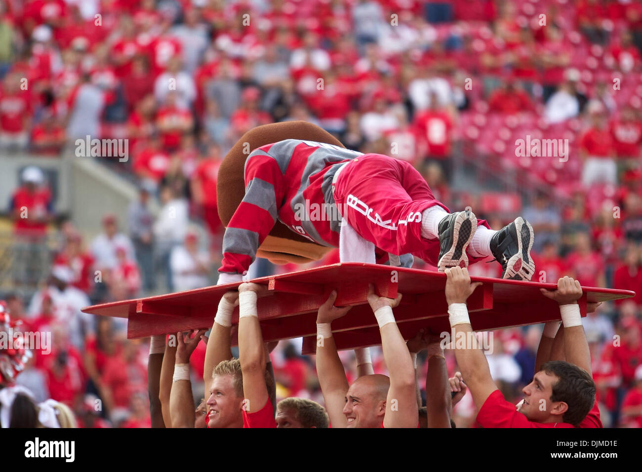 Sept. 25, 2010 - Columbus, Ohio, United States of America - Ohio State mascot Brutus finishes up his 73 pushups, one for each point scored0 in the fourth quarter of the game between Eastern Michigan and Ohio State at Ohio Stadium, Columbus, Ohio.  Ohio State defeated Eastern Michigan 73-20. (Credit Image: © Scott Stuart/Southcreek Global/ZUMApress.com) Stock Photo