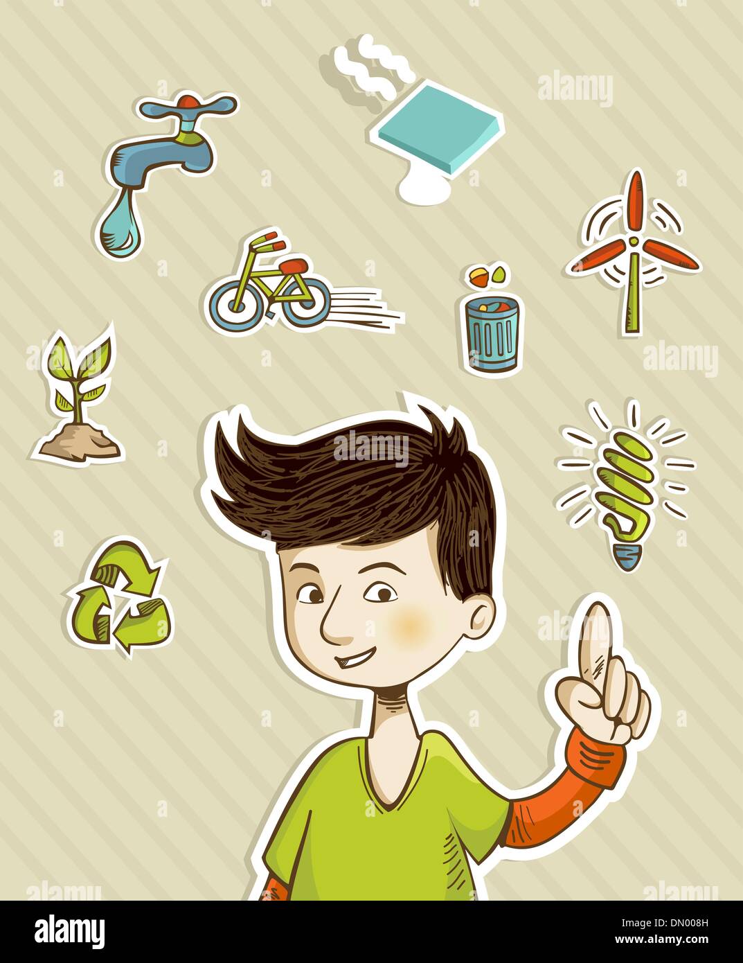 Go green teenager shows eco friendly icons Stock Vector