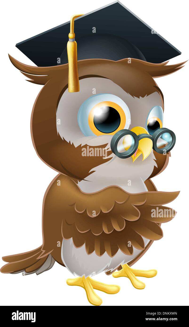 An illustration of a smart owl wearing a mortar board graduation cap and spectacles and pointing Stock Vector