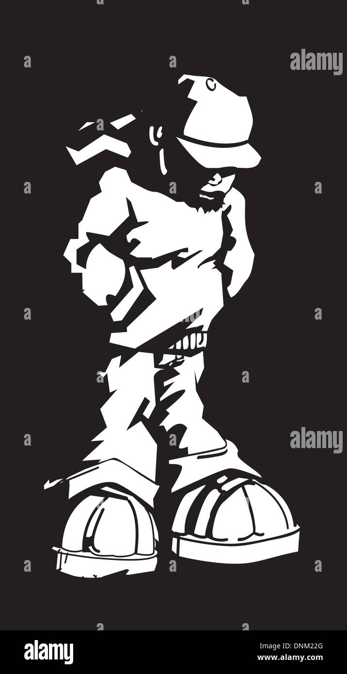 Black and white illustration of young man wearing a cap and hoodie Stock Vector