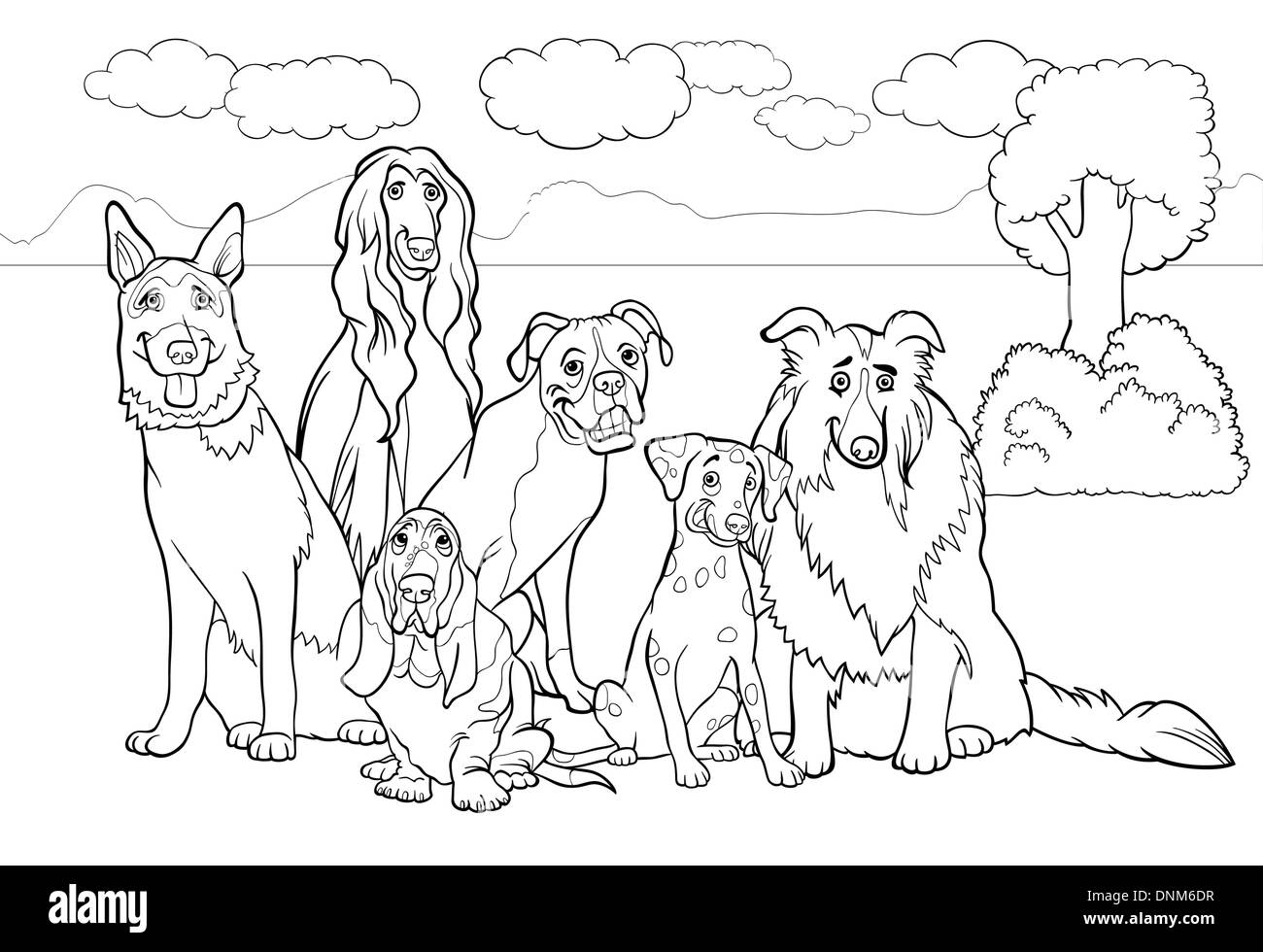 Black and White Cartoon Illustration of Cute Purebred Dogs or Puppies Group against Rural Landscape or Park Scene for Coloring B Stock Vector