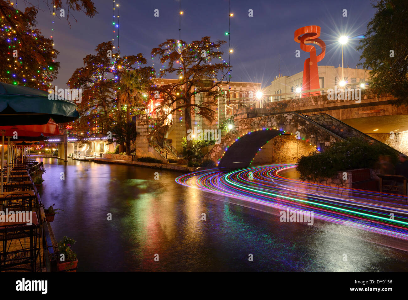 USA, United States, America, Texas, San Antonio, River Walk, dusk, river, city, evening, lights Stock Photo