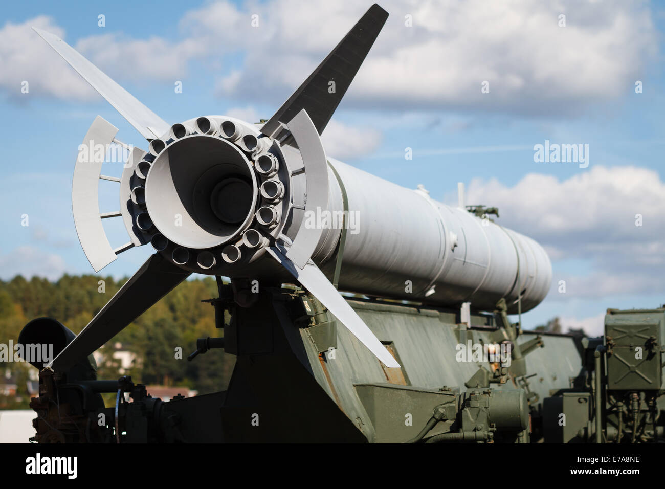 War rocket on an armored military truck. Stock Photo