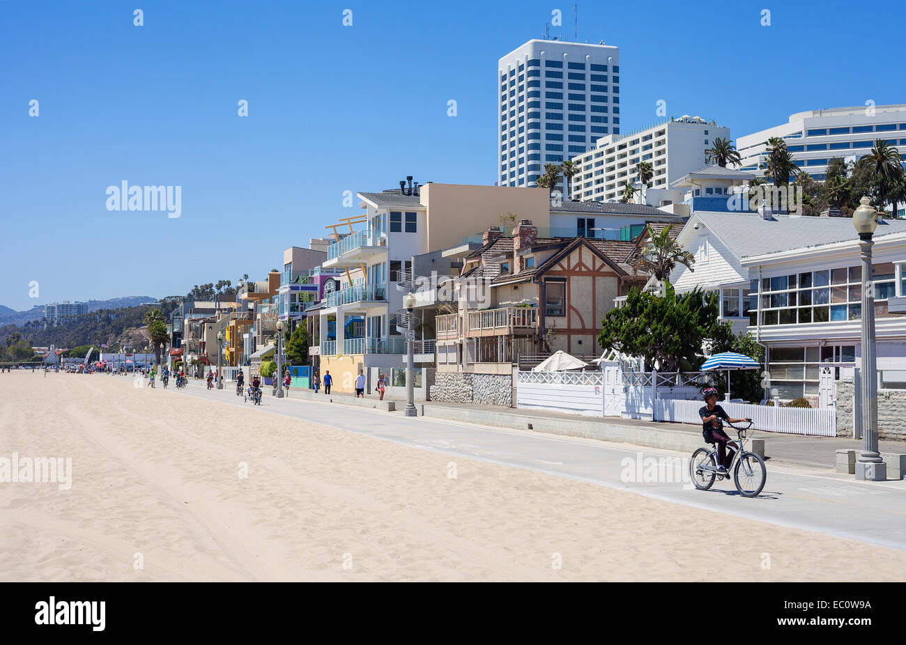 Santa Monica beach houses along the boardwalk, Santa Monica California USA Stock Photo