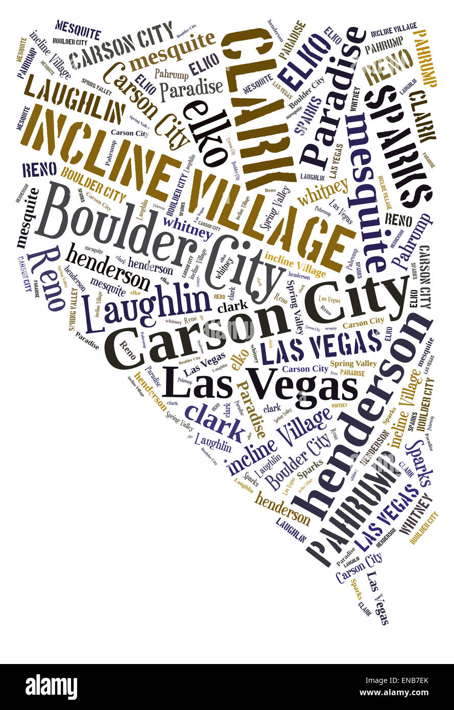 Word Cloud in the shape of Nevada showing some of the cities in the state Stock Photo