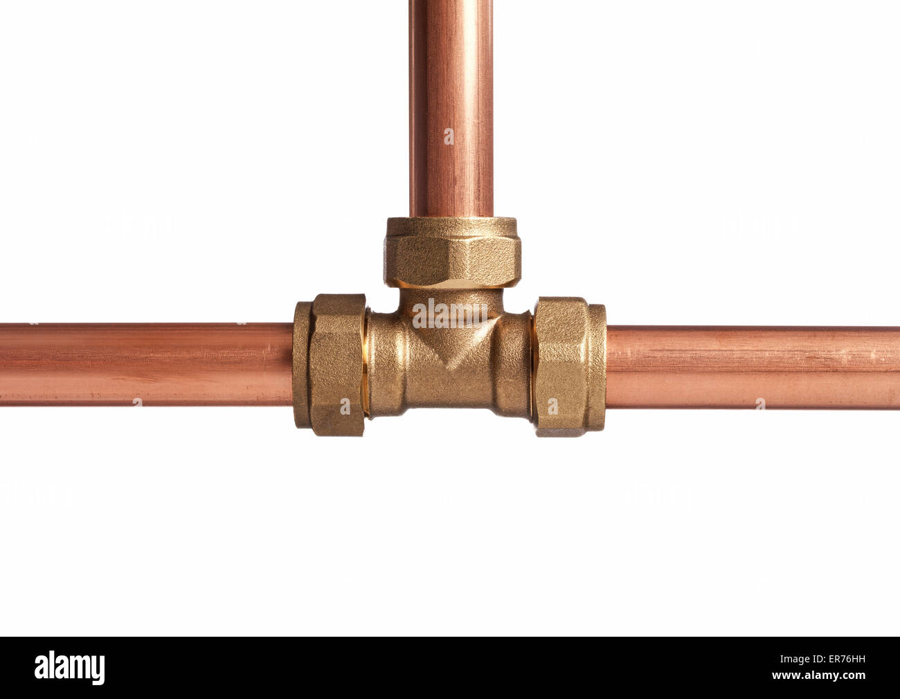 Copper pipe on white with connector Stock Photo