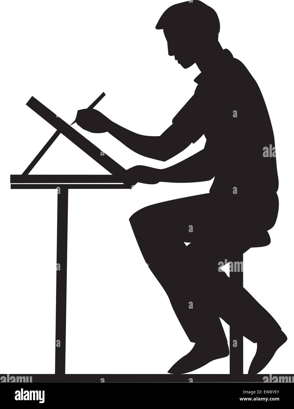 Artist, side view, using a pencil and drawing board, sitting at a table, vector illustration Stock Vector