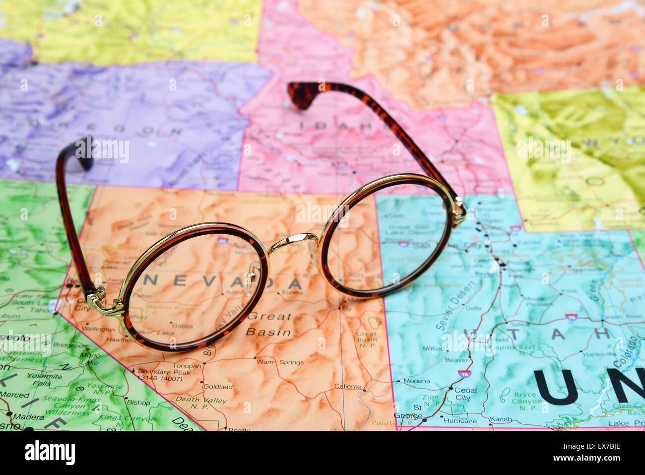 Glasses on a map of USA - Nevada Stock Photo