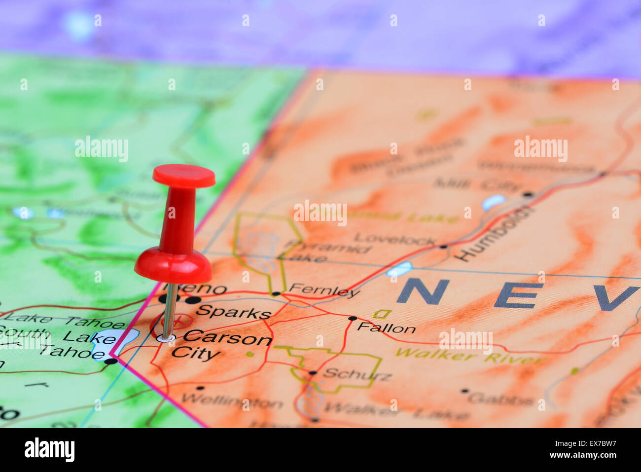 Carson City pinned on a map of USA Stock Photo