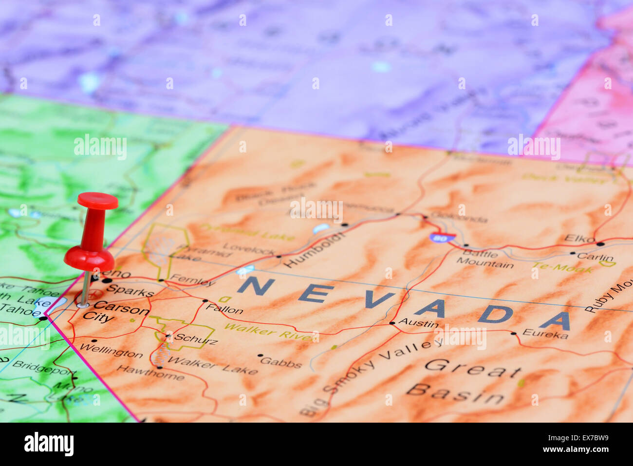 Carson City pinned on a map of USA Stock Photo