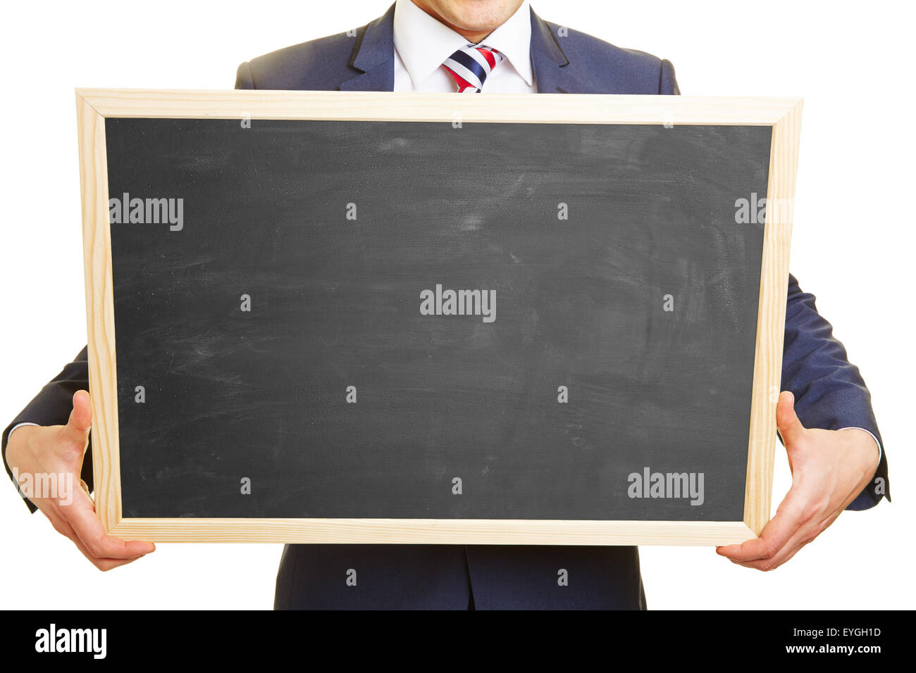 Hands of a manager holding an empty blackboard Stock Photo