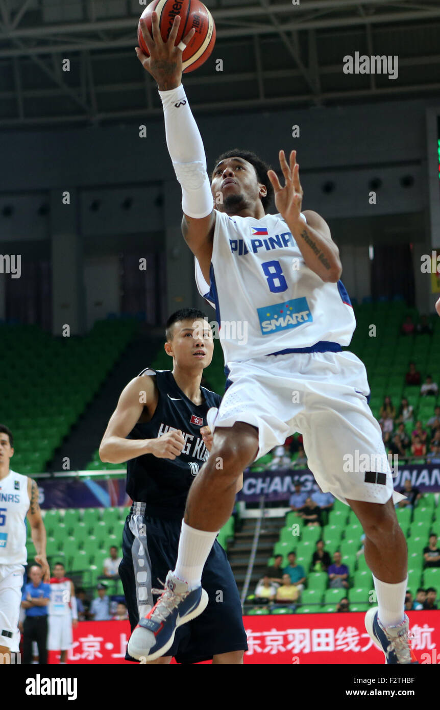 Changsha, China's Hunan Province. 24th Sep, 2015. Calvin Abueva (Front) of the Philippines goes up to basket during the preliminary round Grounp B match against Hongkong of China at 2015 FIBA Asia Champinship in Changsha, capital of central China's Hunan Province, Sept. 24, 2015. The Philippines won 101-50. © Zhang Chen/Xinhua/Alamy Live News Stock Photo