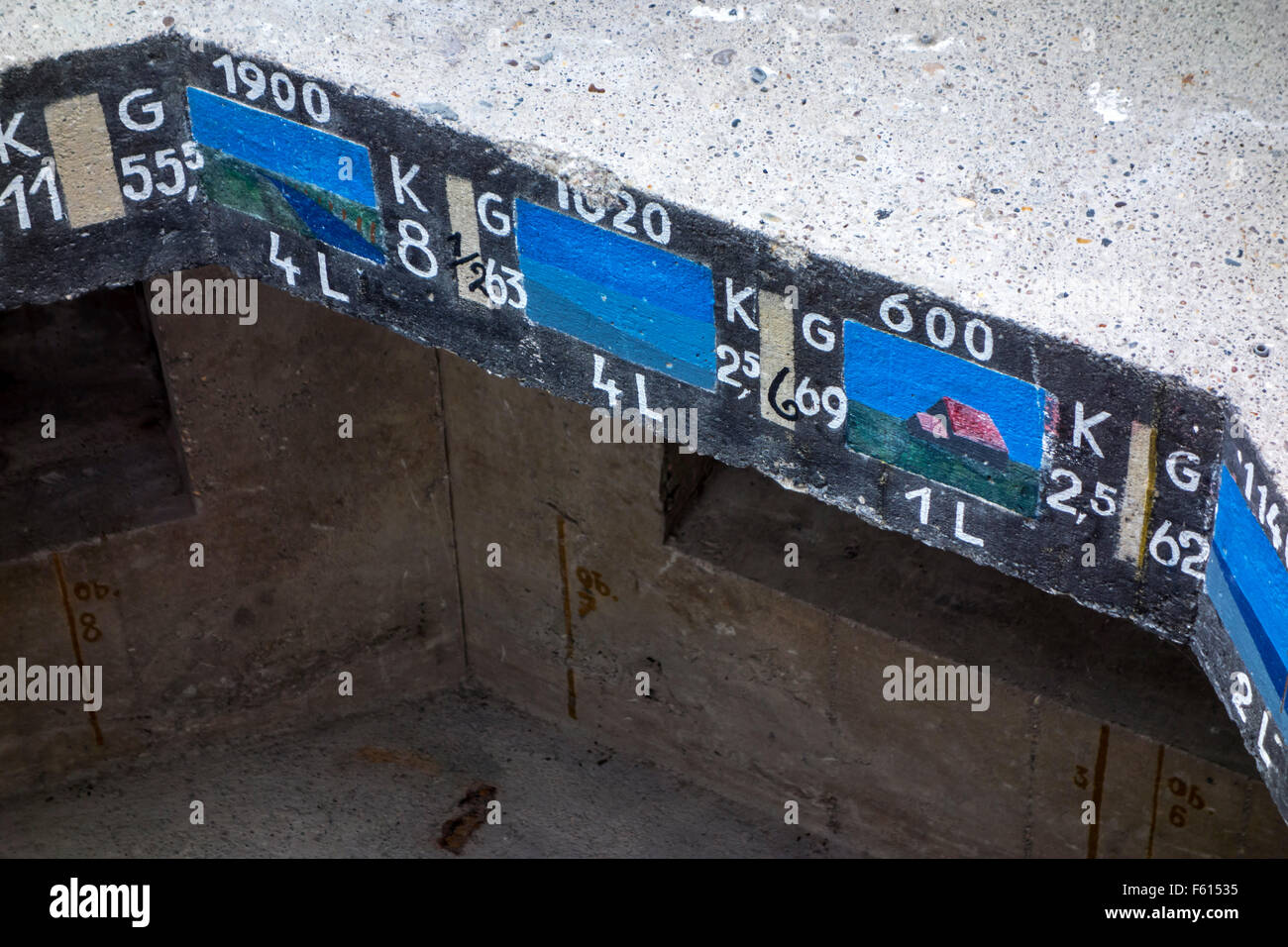 Range finding coordinates and images of landscape elements painted on German World War Two bunker, Utah Beach, Normandy, France Stock Photo