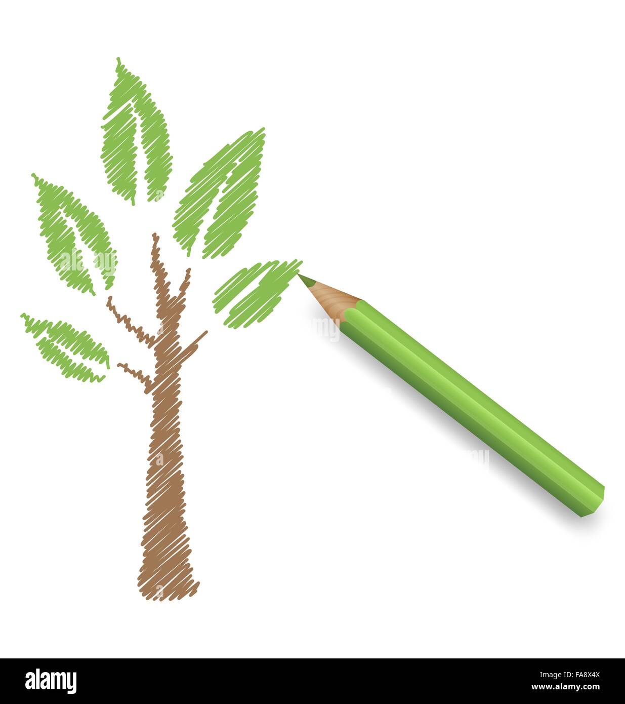 Pencil draws green tree. Eco spring floral Stock Vector