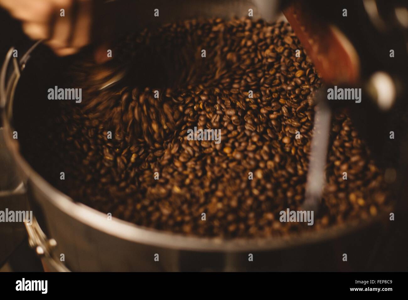 Man mixing roasted coffee beans Stock Photo