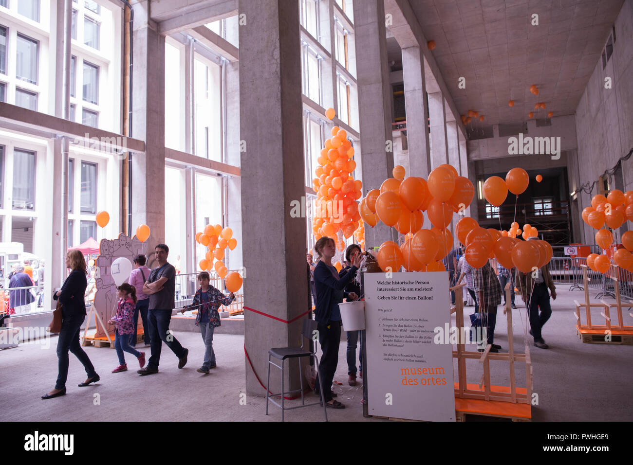 Day of construction site open to visit the works course. Humboldt Forum. Numerous Life Speaker explain the construction progress. There is also a music program. Stock Photo