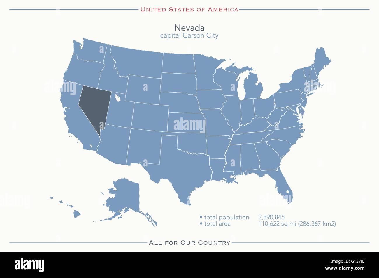 United States of America isolated map and Nevada State territory. vector USA political map. geographic banner template Stock Vector