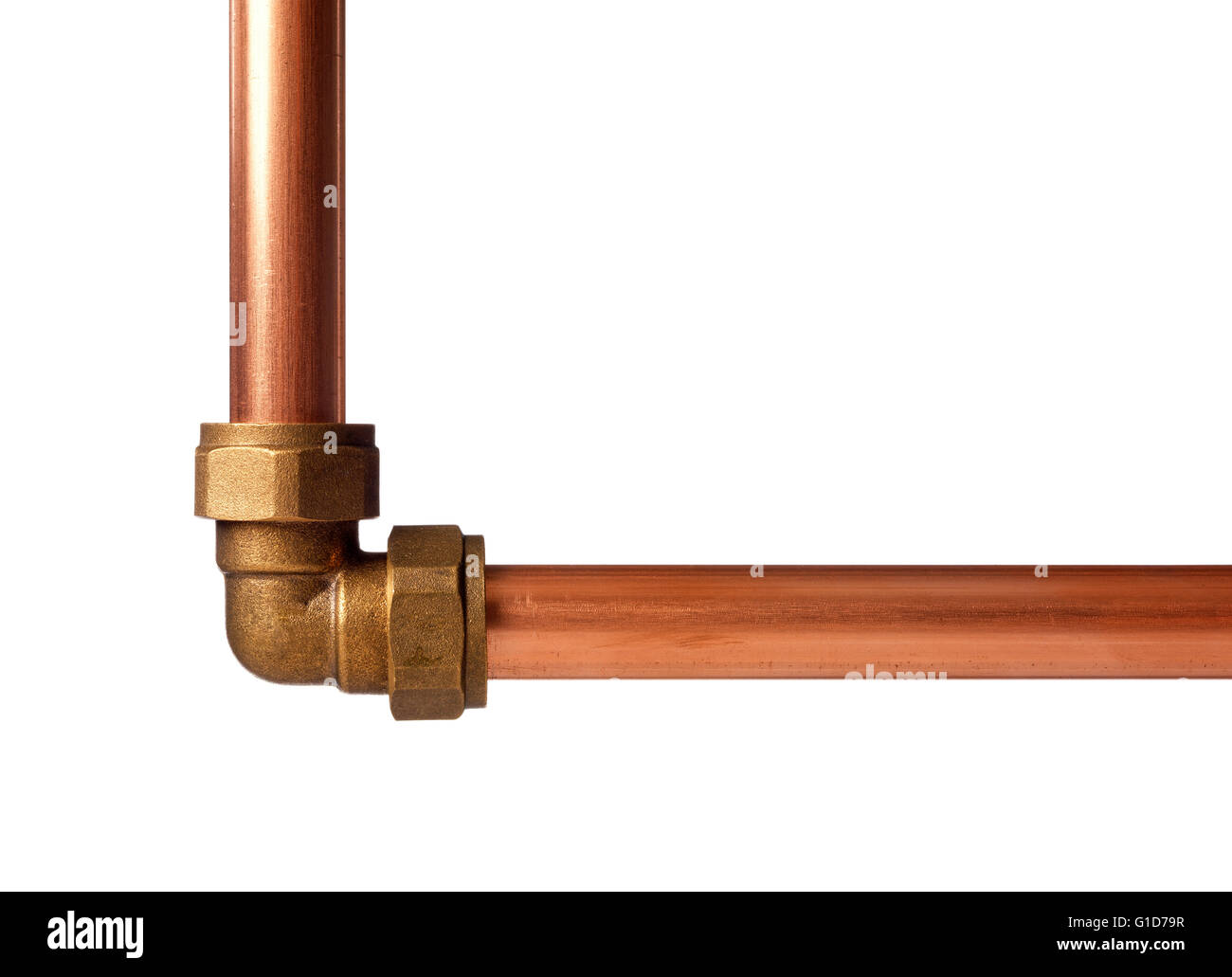 Copper pipe on white with connector Stock Photo