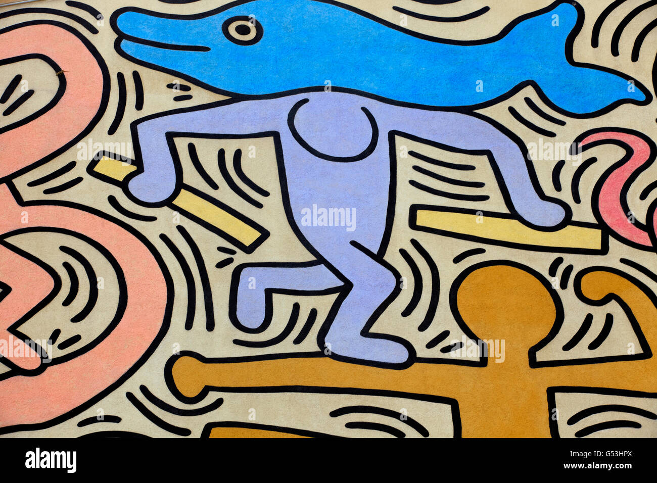 The Pisa's Mural (1989) Keith Haring - painted on the south wall of the Church of St Anthony,Pisa, Tuscany, Italy, Europe Stock Photo