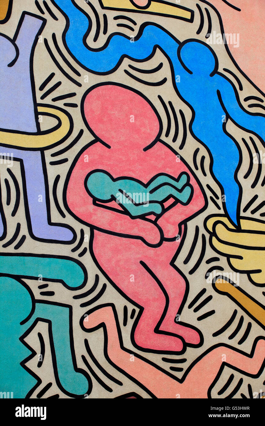 The Pisa's Mural (1989) Keith Haring - painted on the south wall of the Church of St Anthony,Pisa, Tuscany, Italy, Europe Stock Photo