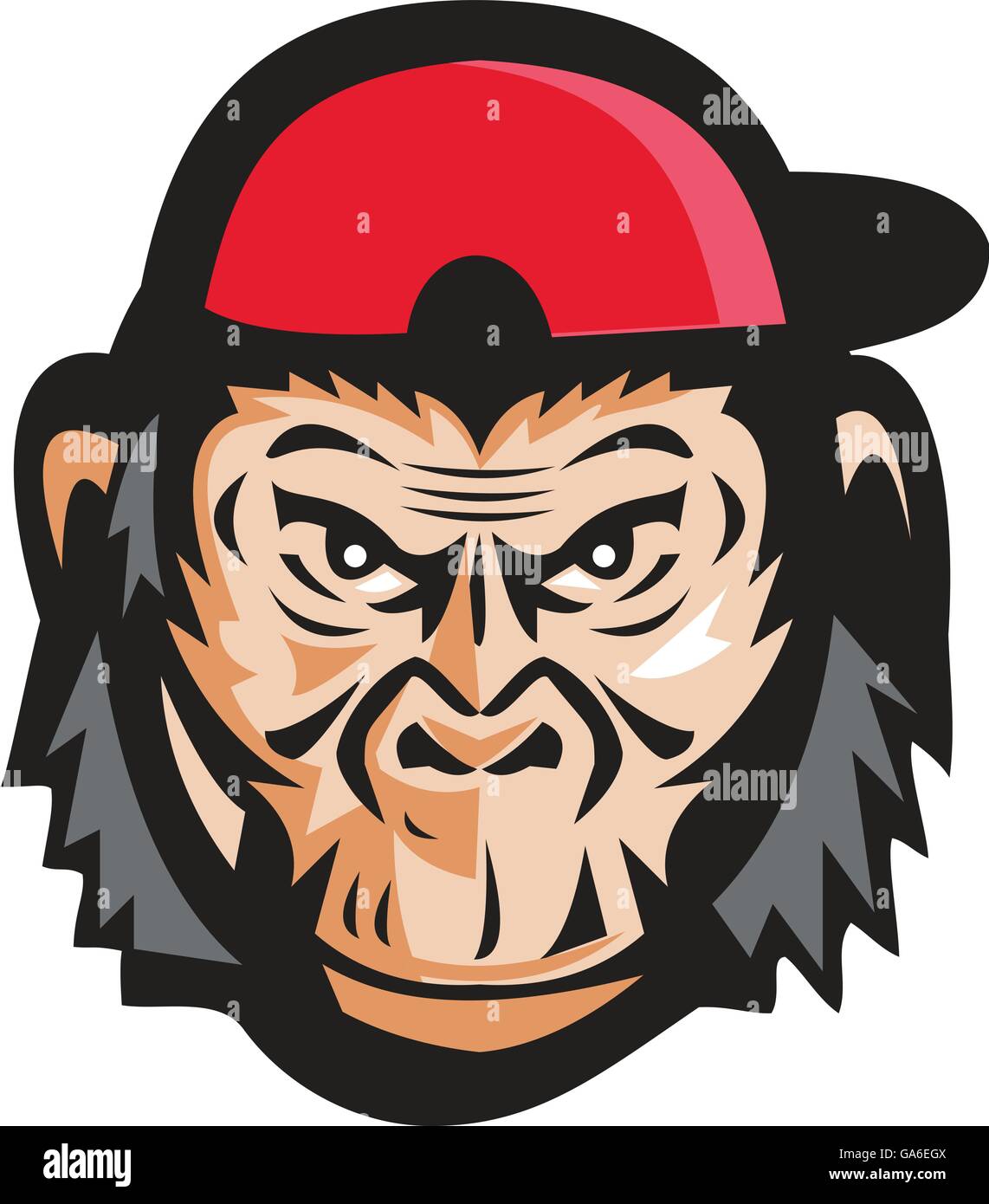 Illustration of head of an angry chimpanzee baseball player wearing baseball cap viewed from front set on isolated white background done in retro style. Stock Vector