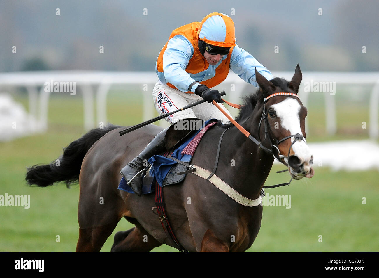 Horse Racing - Christmas Party Day - Newbury Racecourse. Jockey Wayne Hutchinson on Pride in Battle on the way to winning during the E.B.F. 'National Hunt' Novices' Hurdle Stock Photo