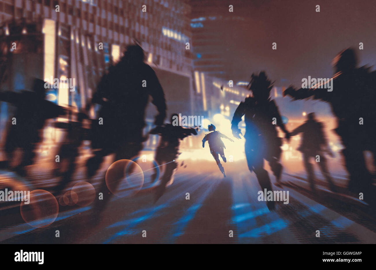 man running away from zombies in night city,illustration,digital painting Stock Photo