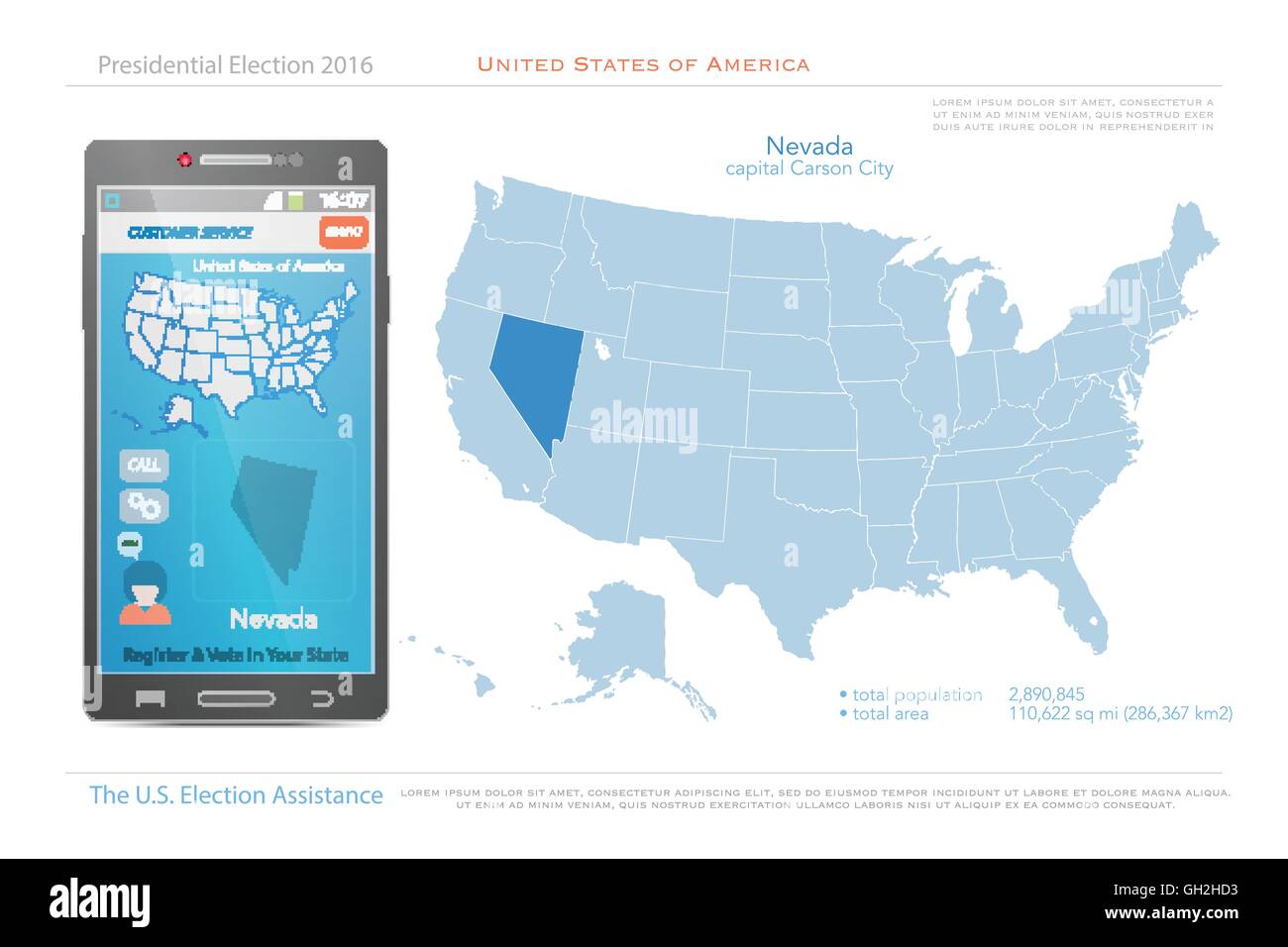 United States of America maps and Nevada state territory. vector USA political map. US election assistance app for smart phone. Stock Vector