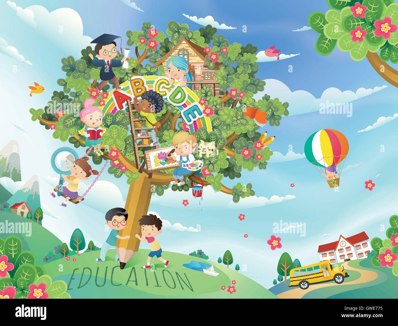 Education flat design, lovely children playing in the pen tree Stock Vector