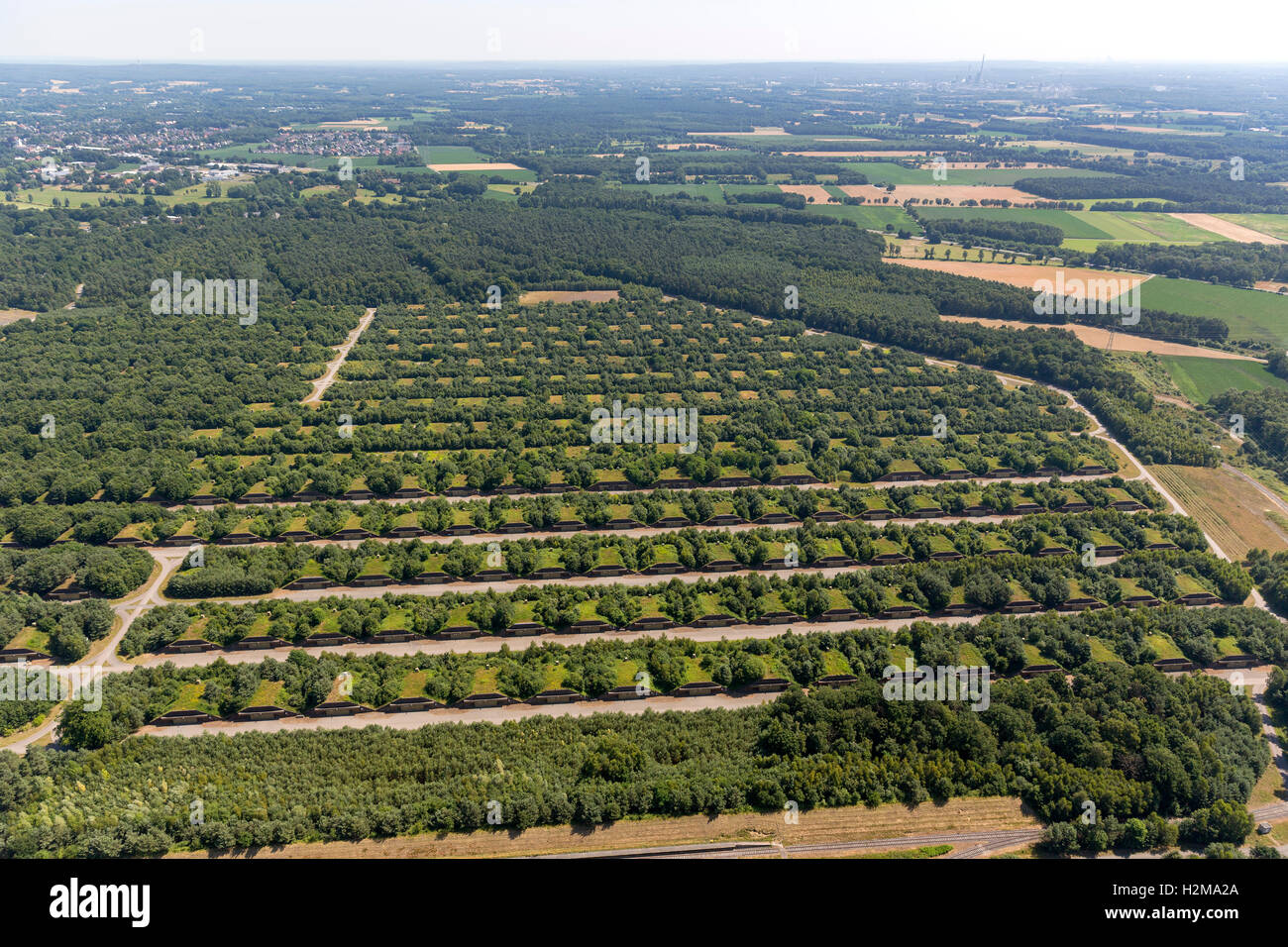 Aerial view, Muna, ammunition bunkers Bundeswehr in Wulfen, Depot of the german forces,  Aerial view of Dorsten, Ruhr area, Stock Photo